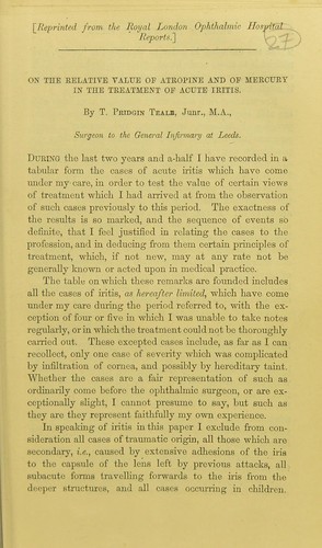 On the relative value of atropine and of mercury in the treatment of acute iritis