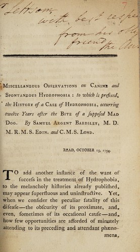 Miscellaneous observations on canine and spontaneous hydrophobia