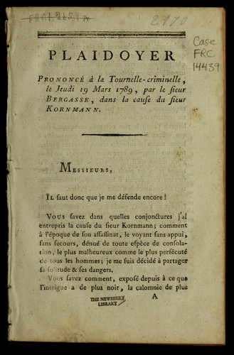 Plaidoyer prononcé à la Tournelle-criminelle, le jeudi 19 mars 1789, par le sieur Bergasse, dans la cause du sieur Kornmann