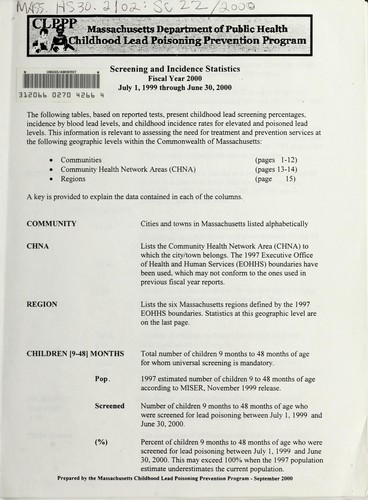 Screening and incidence statistics fiscal year 2000