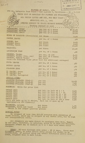 Price list on Hawaiian cut flowers and foliages