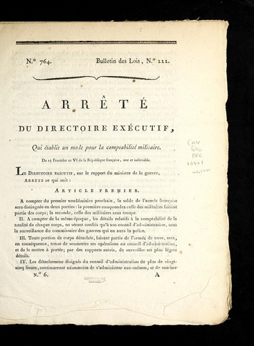 Arre te  du Directoire exe cutif, qui e tablit un mode pour la comptabilite  militaire