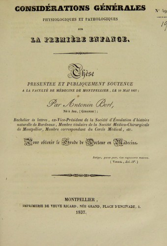 Consid©♭rations g©♭n©♭rales physiologiques et pathologiques sur la premi©·re enfance