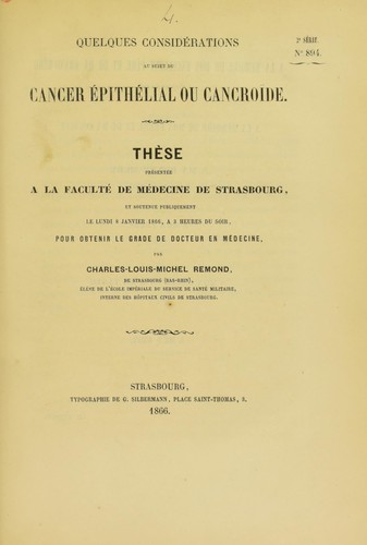 Quelques consid©♭rations au sujet du cancer ©♭pith©♭lial ou cancro© de