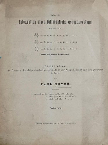 Ueber die Integration eines Differentialgleichungssystems von der Form dx/dt= a1 x2 x3 + a2 x3 x1 + a3 x1 x2, dx2/dt