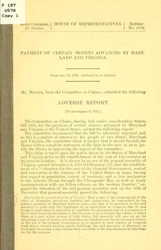 Payment of certain moneys advanced by Maryland and Virginia ...
