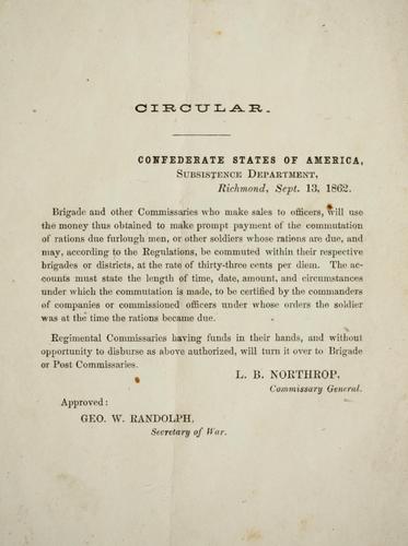 Circular. Confederate States of America, Subsistence Department, Richmond, September 13, 1862
