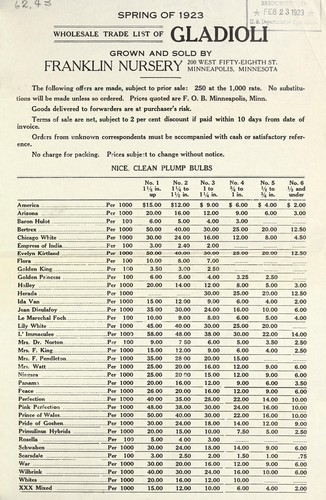 Wholesale trade list of gladioli