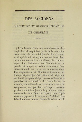 Des accidens qui suivent les grandes op©♭rations de chirurgie
