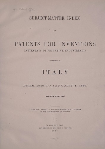 Subject matter index of patents for inventions (attestati di privative industriali) granted in Italy from 1848 to January 1, 1886