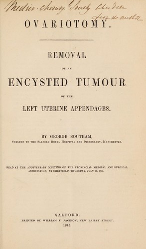 Ovariotomy. Removal of an encysted tumour of the left uterine appendages